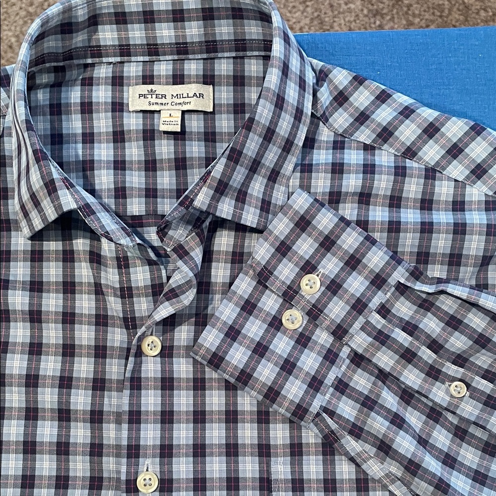Peter Millar Blue and White Checkered Button Down Shirt - Picture 6 of 8